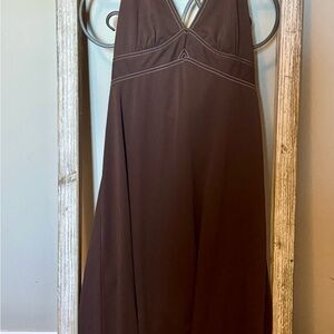 Gabriella Skye Brown Halter Midi Dress Contrast Stitch Empire‎ Waist NWT Size 8